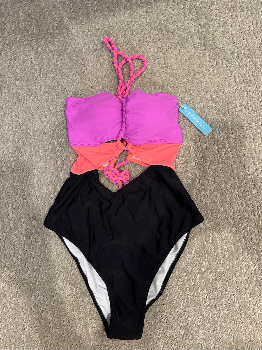 Popvil Womens' Colorblock Pink Coral and Black One-Piece Swimsuit, Size small